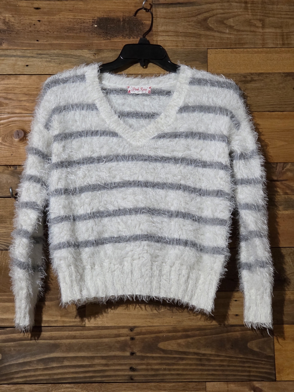 Pink Rose Women's M Fuzzy Knit Striped V-Neck Sweater White Gray